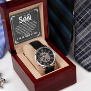 Openwork Watch for Son in luxury gift box with visible intricate mechanics and genuine black leather band.