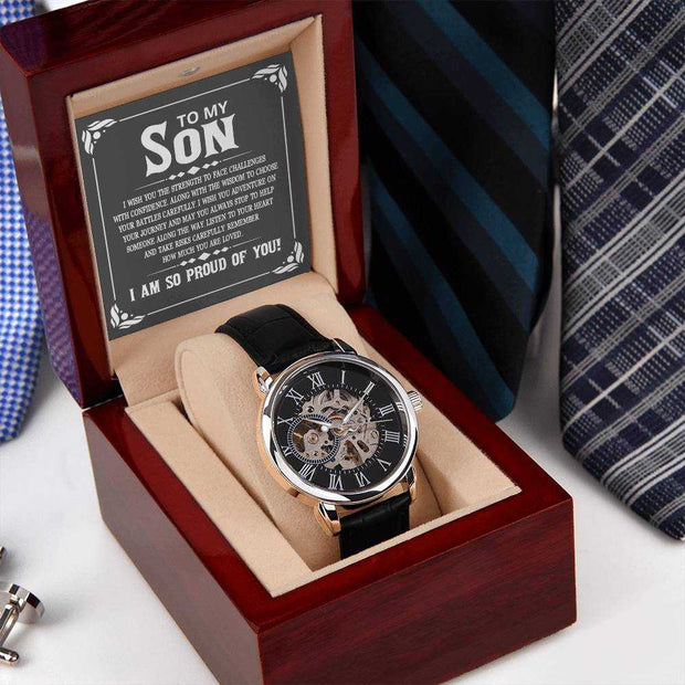 Openwork Watch for Son in luxury gift box with visible intricate mechanics and genuine black leather band.