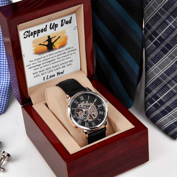 Openwork watch for dad in luxury mahogany box with ties and cufflinks.