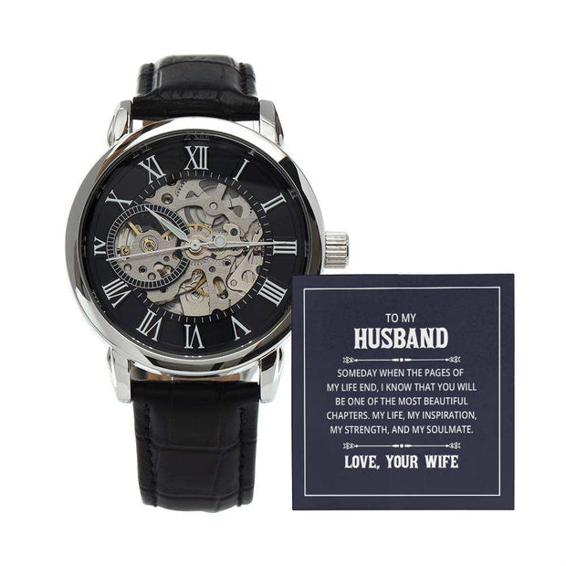 Husband Openwork Watch for Men with black leather band and intricate openwork design.