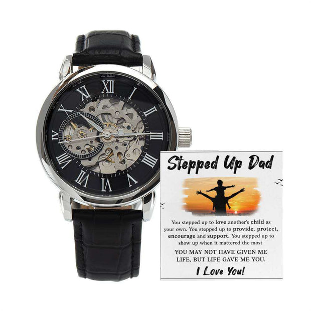 Openwork Watch for Dad with black leather band and intricate mechanical design.