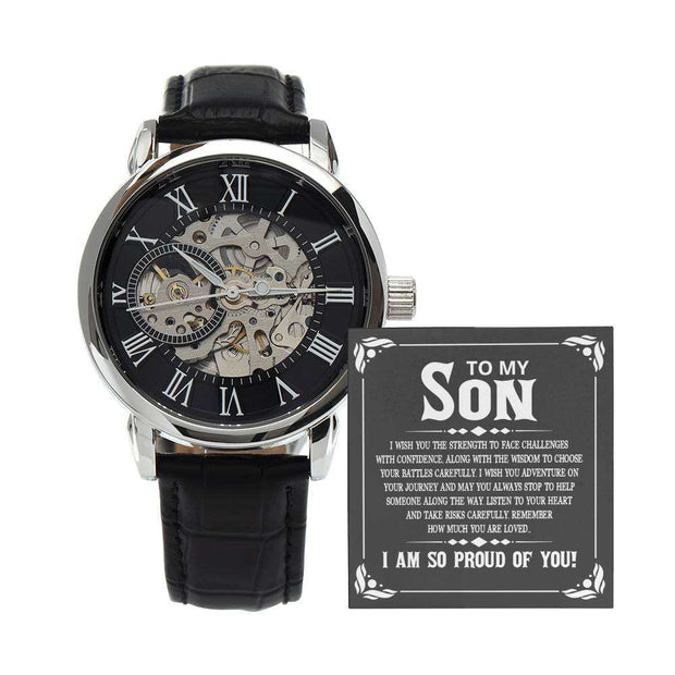 Openwork Watch for Son with black leather band and intricate mechanical design in luxury gift box.