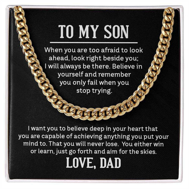 Cuban Link Son Chain with inspirational message, polished 14k gold over stainless steel, ideal for gifting.