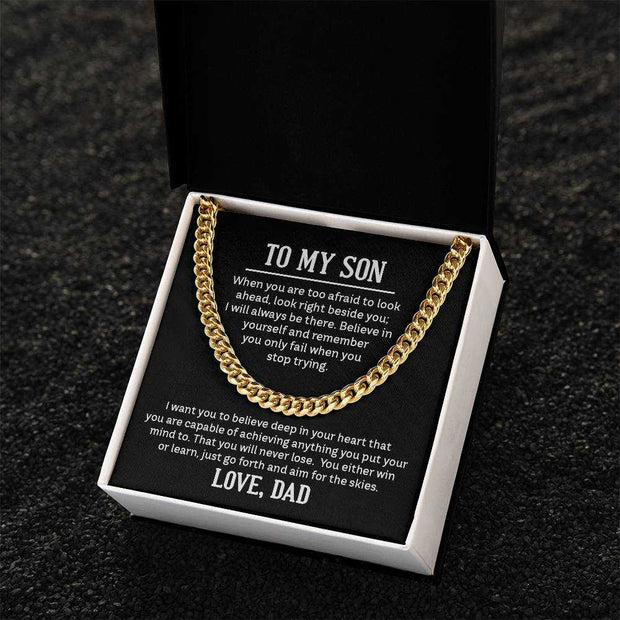 Cuban Link Son Chain in gift box with inspirational message.