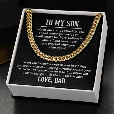 Cuban Link Son Chain in luxurious presentation box with heartfelt message.