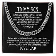 Luxurious Cuban Link Son Chain displayed with motivational message from dad.