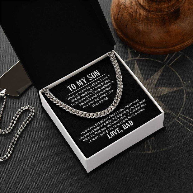 Cuban Link Son Chain in a presentation box with a personalized message card.