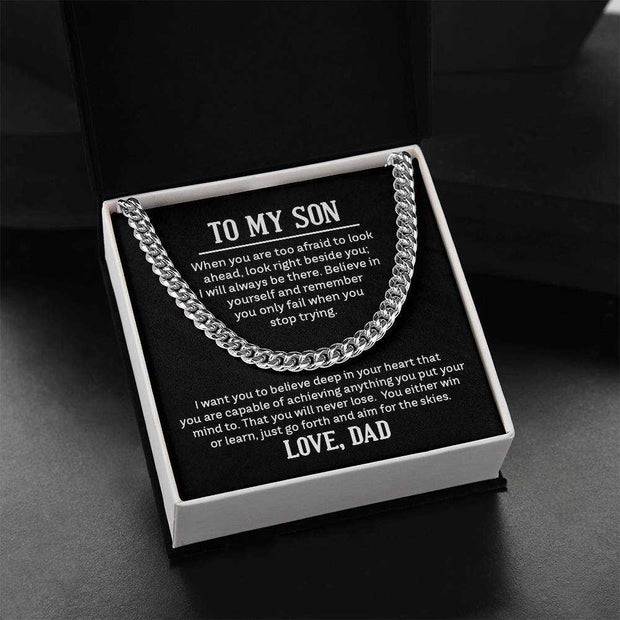 Cuban Link Son Chain in sleek black gift box with heartfelt message.