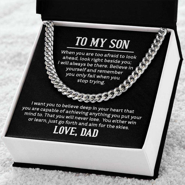 Cuban Link Son Chain in gift box with heartfelt message.