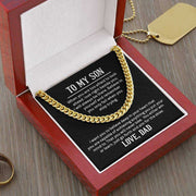 Cuban Link Son Chain in luxury gift box with engraved message, polished gold finish.