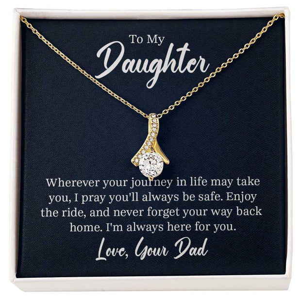 Alluring Beauty Daughter Necklace in gold with a heartfelt message, featuring a sparkling pendant in an elegant gift box.