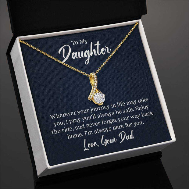 Alluring Beauty Daughter Necklace in luxury gift box with gold finish and cubic zirconia pendant.