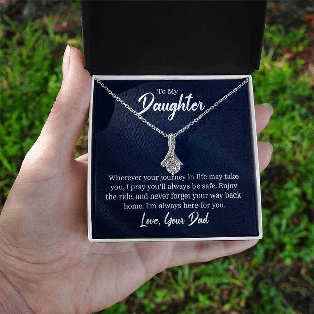 Alluring Beauty Daughter Necklace in gift box with heartfelt message, symbolizing love and support.