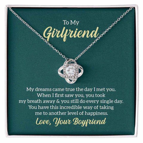 Love Knot Girlfriend Necklace with love knot pendant in elegant gift box.