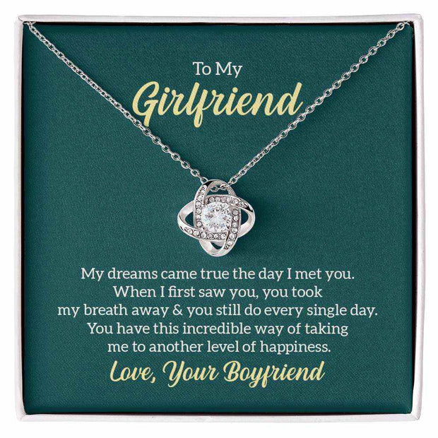 Love Knot Girlfriend Necklace with love knot pendant in elegant gift box.
