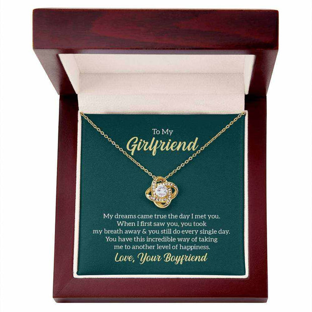 Love Knot Girlfriend Necklace in gift box with heartfelt message, symbolizing eternal love.
