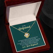 Love Knot Girlfriend Necklace, gold finish, in gift box with romantic inscription.