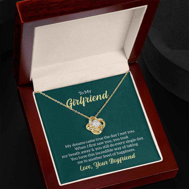 Love Knot Girlfriend Necklace, gold finish, in gift box with romantic inscription.
