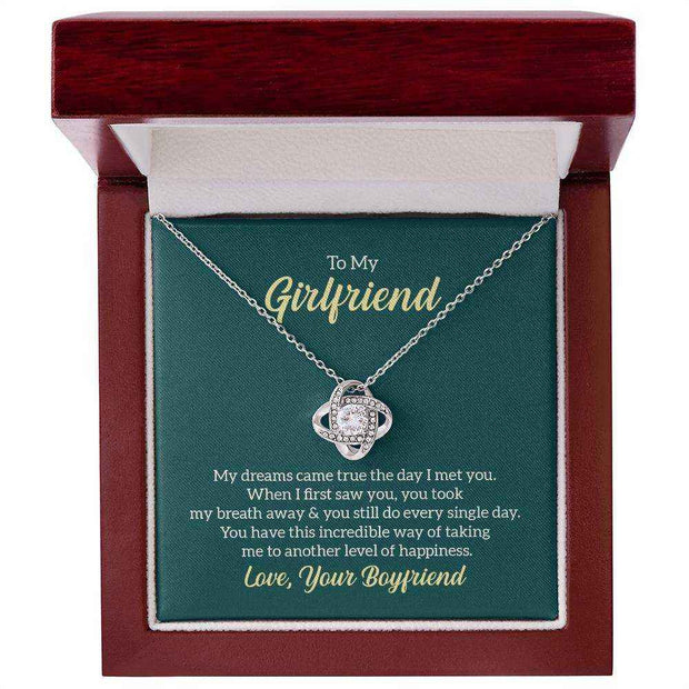 Love Knot Girlfriend Necklace in gift box with romantic message.