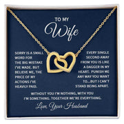 Interlocking Hearts Wife Necklace with gold finish, displayed in a gift box with heartfelt message.