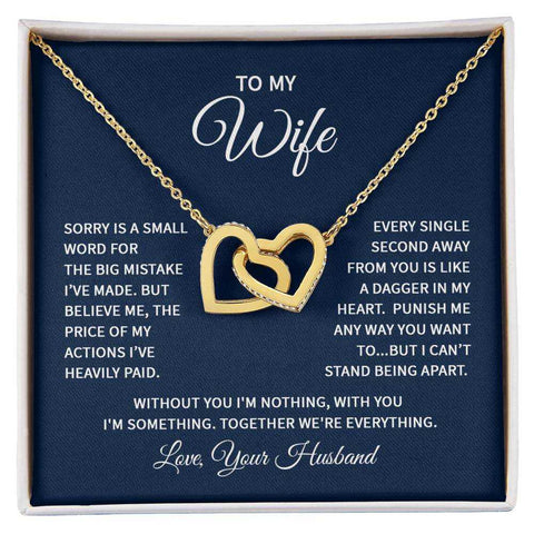 Interlocking Hearts Wife Necklace with gold finish, displayed in a gift box with heartfelt message.