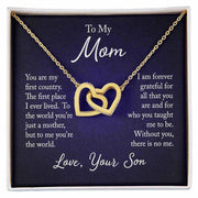 Interlocking Hearts Mom Necklace with gold and crystal-embellished heart pendants against a heartfelt message backdrop.