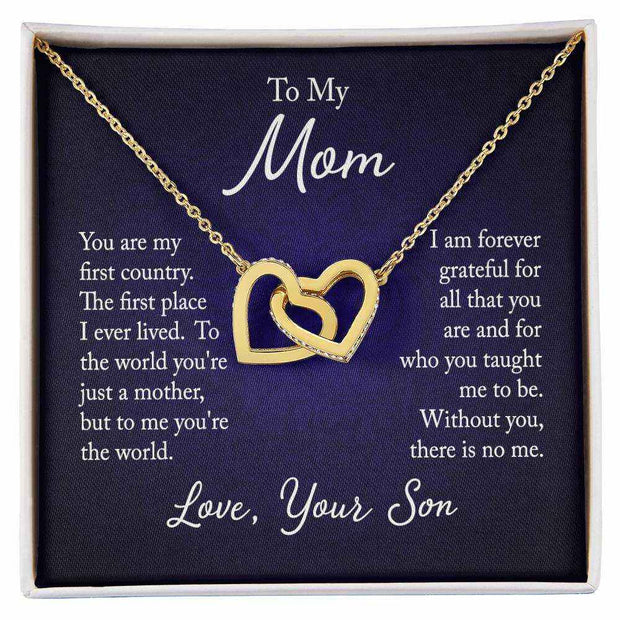 Interlocking Hearts Mom Necklace with gold and crystal-embellished heart pendants against a heartfelt message backdrop.