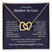Interlocking Hearts Necklace with gold hearts and personalized message for mother-in-law.