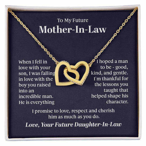 Interlocking Hearts Necklace with gold hearts and personalized message for mother-in-law.