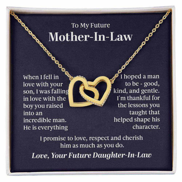 Interlocking Hearts Necklace with gold hearts and personalized message for mother-in-law.