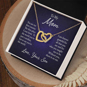 Interlocking Hearts Mom Necklace with message card in gift box, symbolizing mother-child love.
