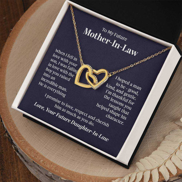 Interlocking Hearts Necklace with gold finish in a gift box.