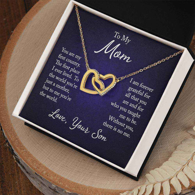 Interlocking Hearts Mom Necklace with message card in gift box, symbolizing mother-child love.