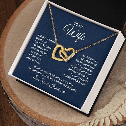 Interlocking Hearts Wife Necklace with gold finish in gift box, symbolizing everlasting love.