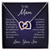 Interlocking Hearts Mom Necklace with two heart pendants and sentimental message.