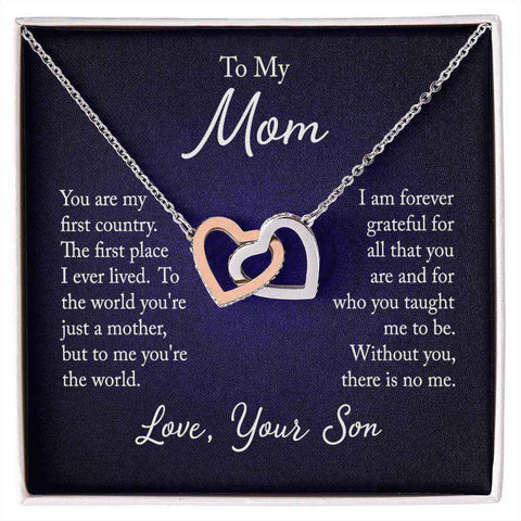 Interlocking Hearts Mom Necklace with two heart pendants and sentimental message.