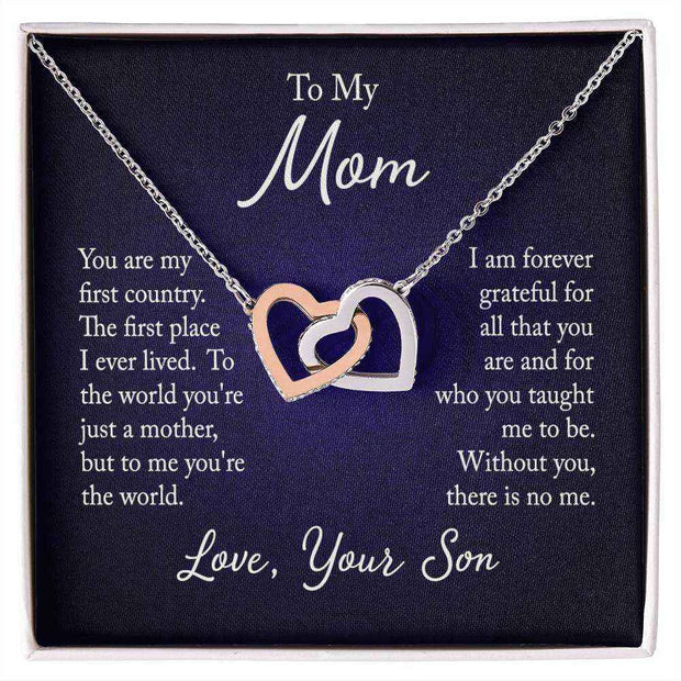 Interlocking Hearts Mom Necklace with two heart pendants and sentimental message.