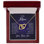 Interlocking Hearts Mom Necklace in gift box with heartfelt message.