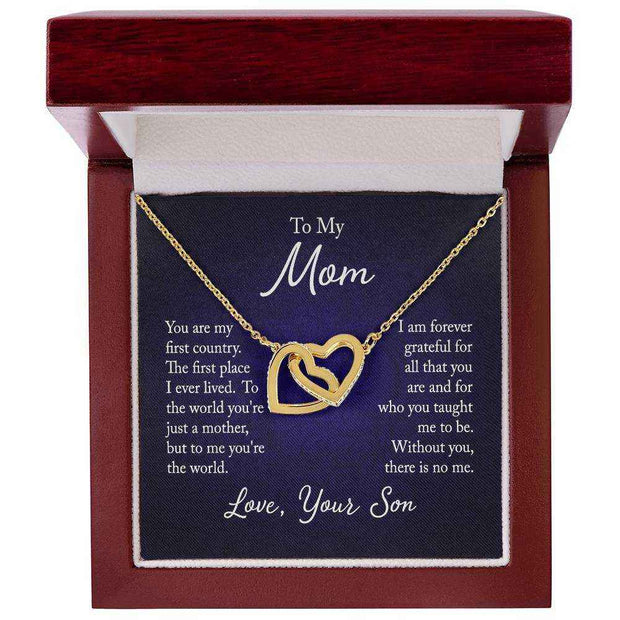 Interlocking Hearts Mom Necklace in gift box with heartfelt message.