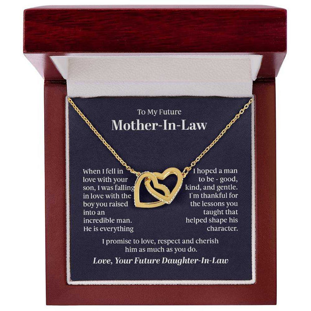Gold Interlocking Hearts Necklace in luxury box with sentimental message for mother-in-law.