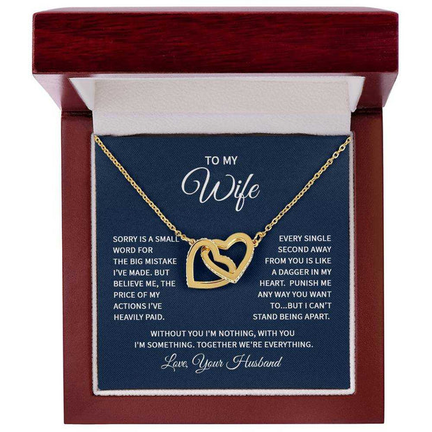 Interlocking Hearts Wife Necklace in gold finish displayed in gift box with message card.