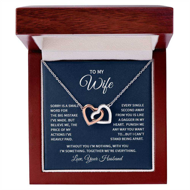 Interlocking Hearts Wife Necklace in gift box with heartfelt message, symbolizing everlasting love and devotion.