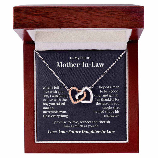 Interlocking Hearts Necklace in gift box with rose gold and steel finish, perfect for expressing love and unity.