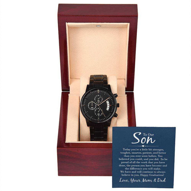 Black Chronograph Watch in wooden gift box with personalized card.
