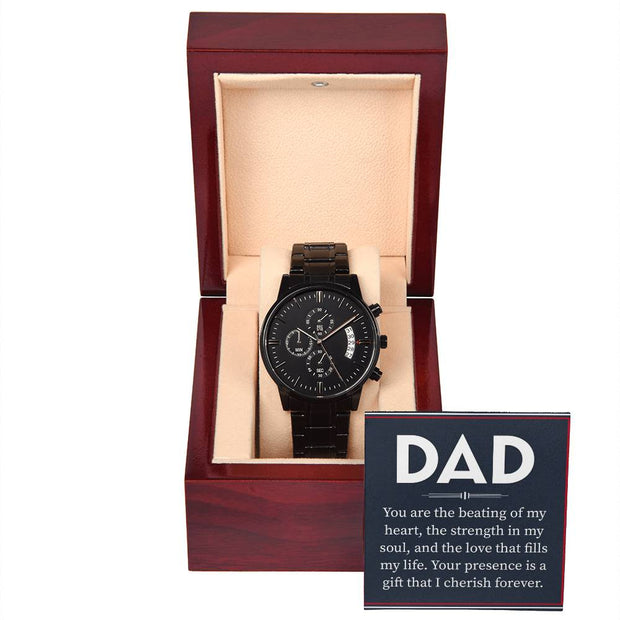 Black Chronograph Dad Watch in elegant display box, featuring sleek black design and multiple dials.