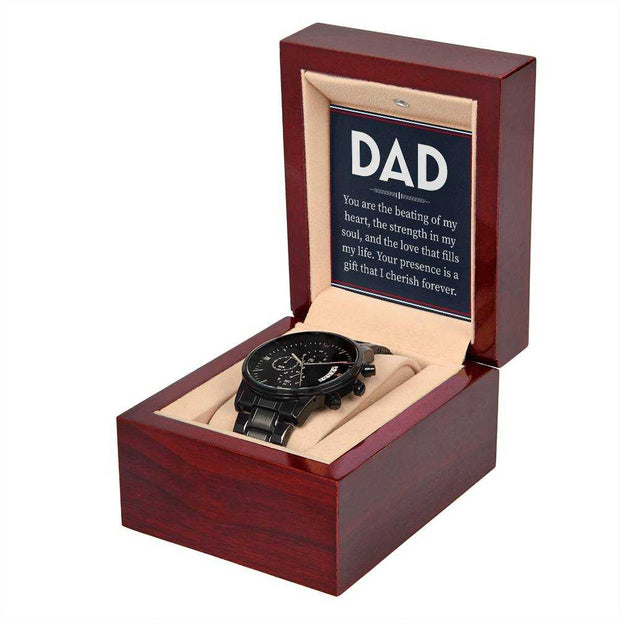 Black Chronograph Dad Watch in elegant wooden gift box with heartfelt message.