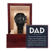 Black Chronograph Dad Watch in a wooden case with a sentimental card, perfect for gifting.