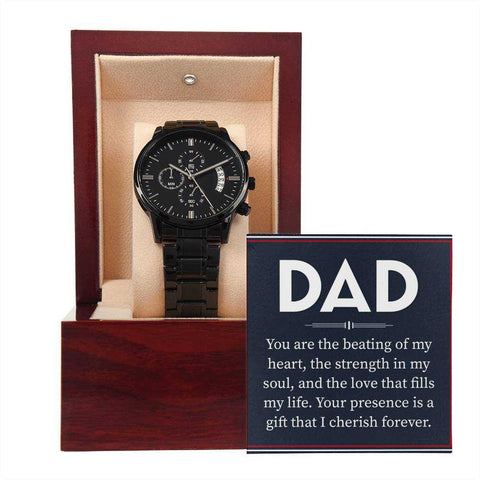 Black Chronograph Dad Watch in a wooden case with a sentimental card, perfect for gifting.