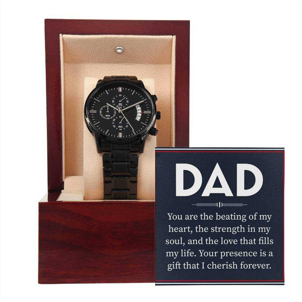Black Chronograph Dad Watch in a wooden case with a sentimental card, perfect for gifting.