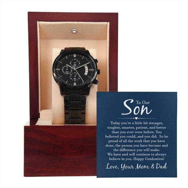 Black Chronograph Watch in gift box with engraved message card, featuring stainless steel and copper dial.